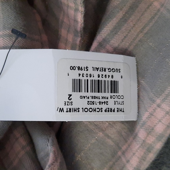 Current/Elliot NWT Prep School Fray Hem Pink Tinsel Plaid Button Up Shirt Size 2 - Picture 8 of 11
